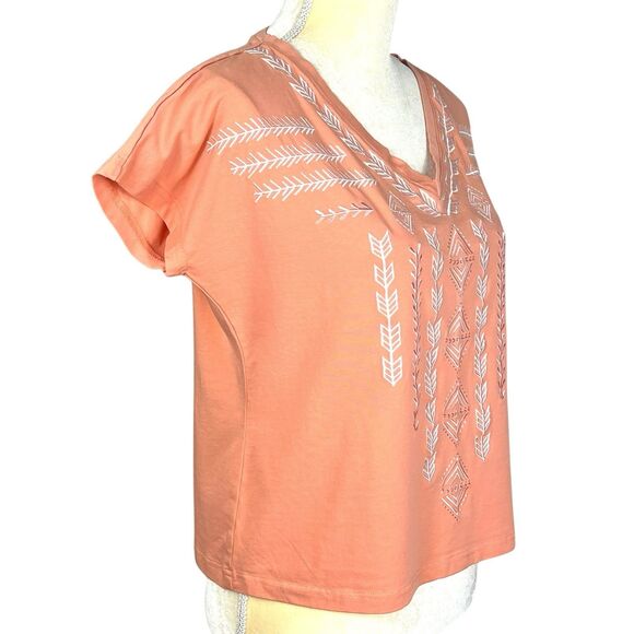 Ariat Women’s Blouse Coral‎ / Peach Embroidered V-Neck Summer Travel Size Medium - Picture 6 of 11